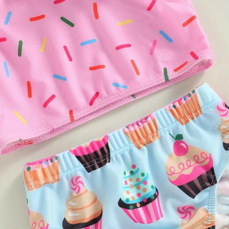 Biquíni Infantil 2 Peças - Estampa Dot e Cupcake com Shorts