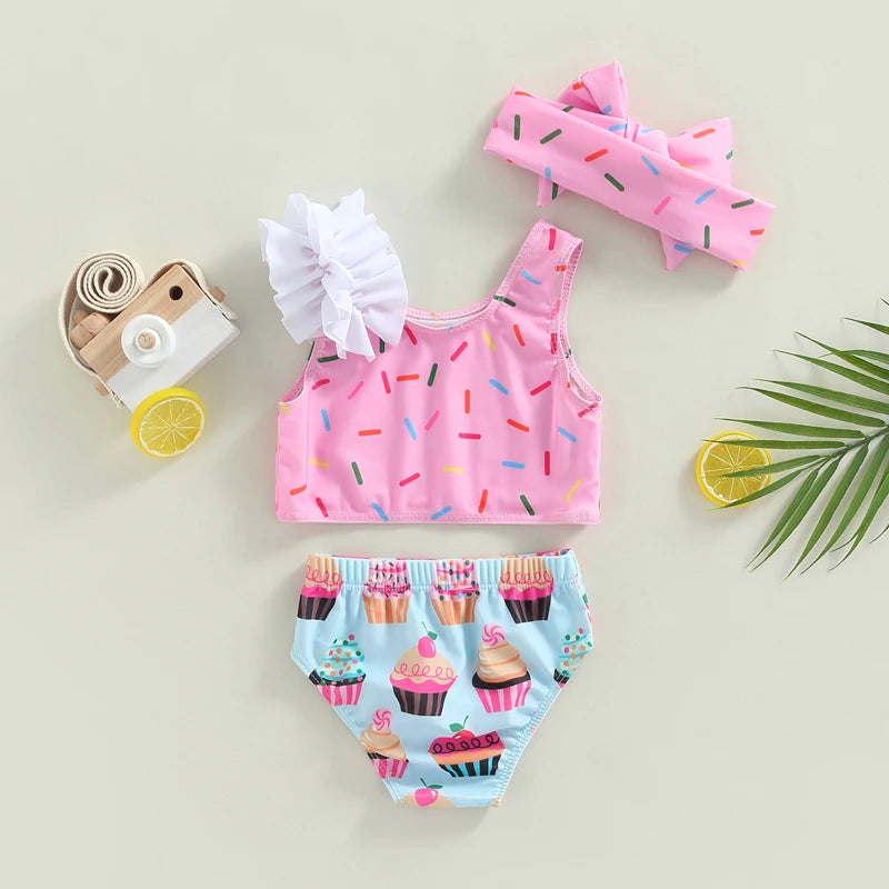 Biquíni Infantil 2 Peças - Estampa Dot e Cupcake com Shorts