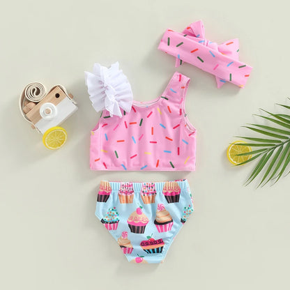 Biquíni Infantil 2 Peças - Estampa Dot e Cupcake com Shorts