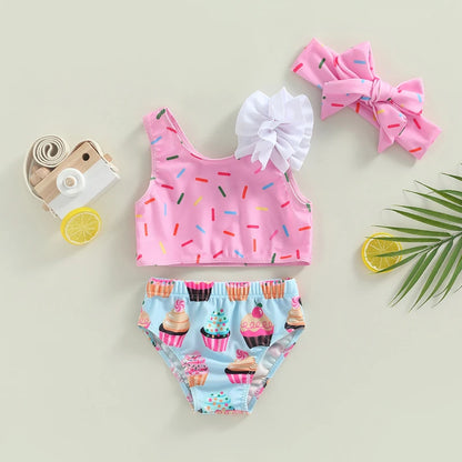 Biquíni Infantil 2 Peças - Estampa Dot e Cupcake com Shorts